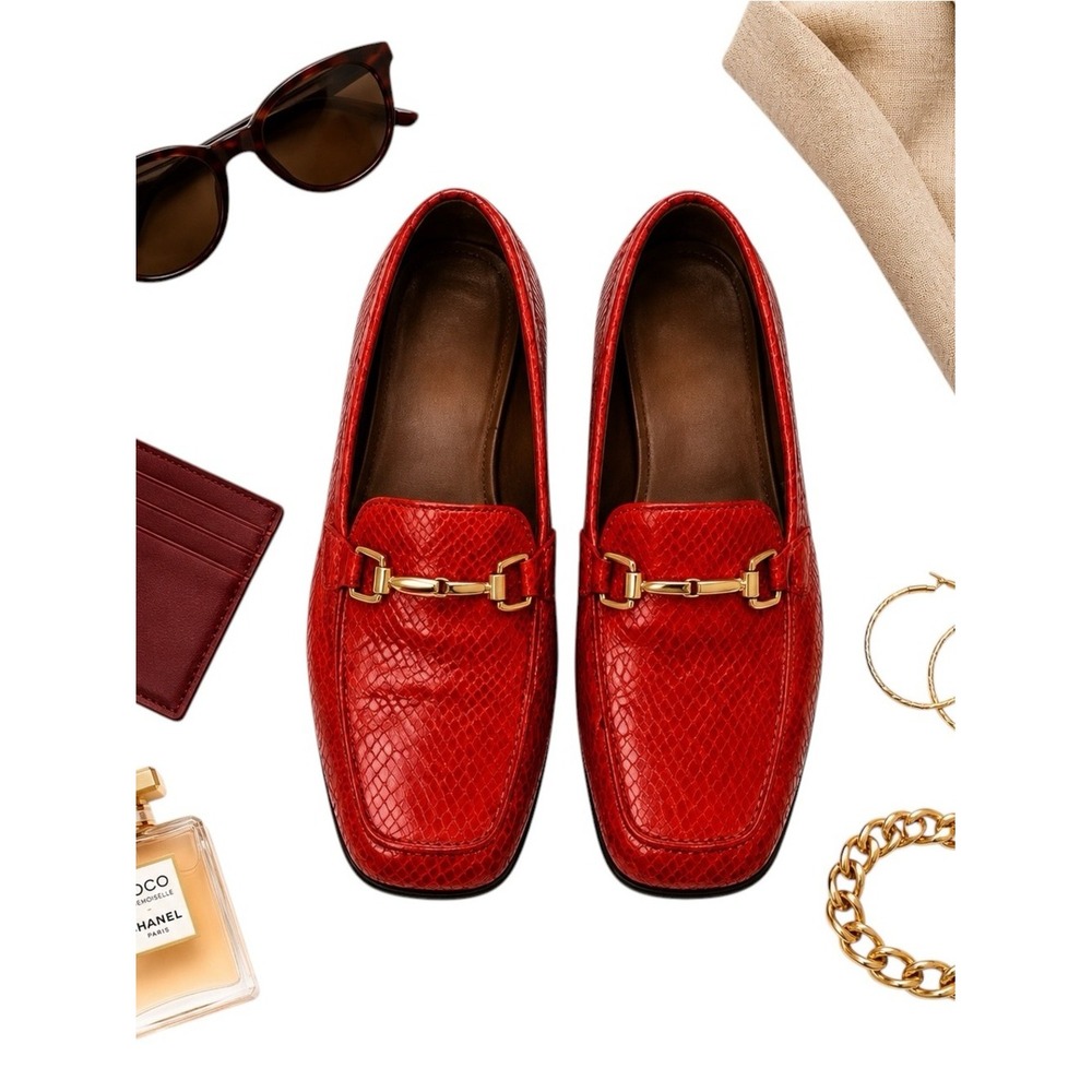 Stuart Weitzman Red Snake Embossed Horsebit Loafers Spain Women's Size 7